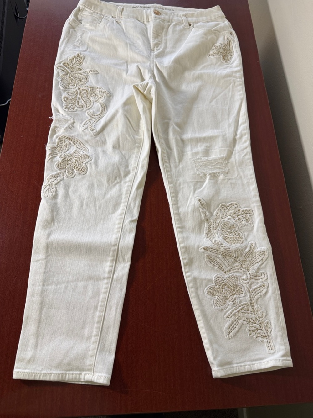 Chico's Cream Cropped Ankle Pants with Tonal Floral Appliqué